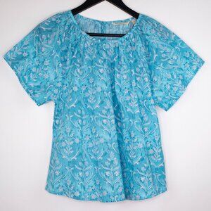 NWT Soft Surroundings Casafina Pullover Aquarium Blue Floral Cotton Top Size PS